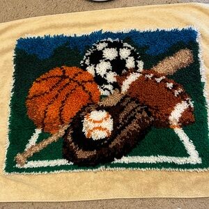 Completed Caron Wonderart latchhook rug mat yarn sports balls wall hanging Boys